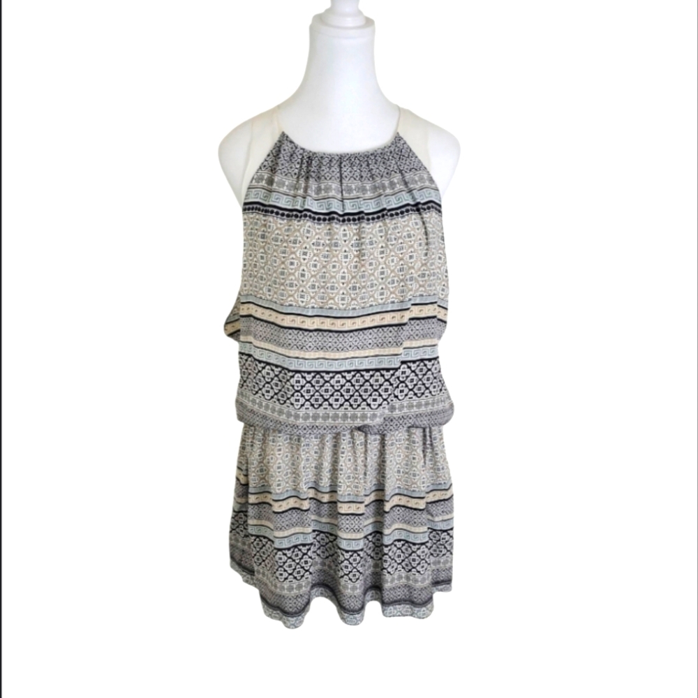 Ramy Brook Women's Dress Size L BLACK/CREA Geometric Sleeveless Silk DRESS.
